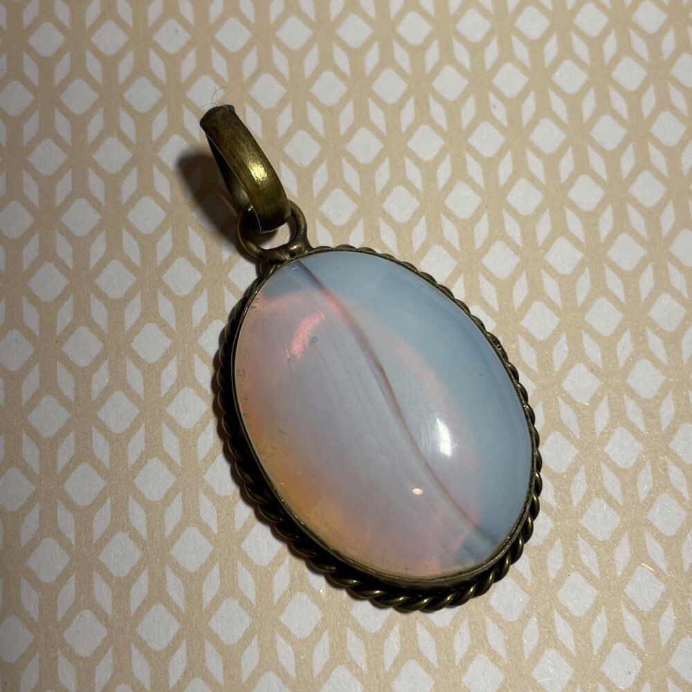 Gorgeous Opalite Bronze Tone Pendant 2” L